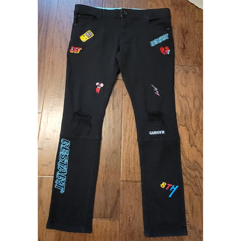 NWT 8ighth DSTRKT Men's Black GRAPHIC&EMBROIDERY SLIM Denim‎ Jeans Size 36x32